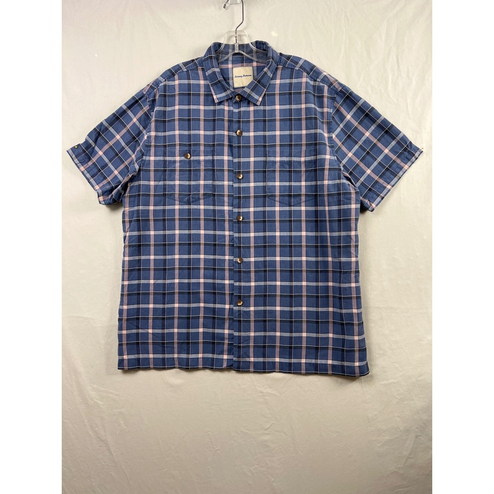 Tommy Bahama Button Front Shirt Mens XL Blue Pink Plaid Silk Blend IslandZone